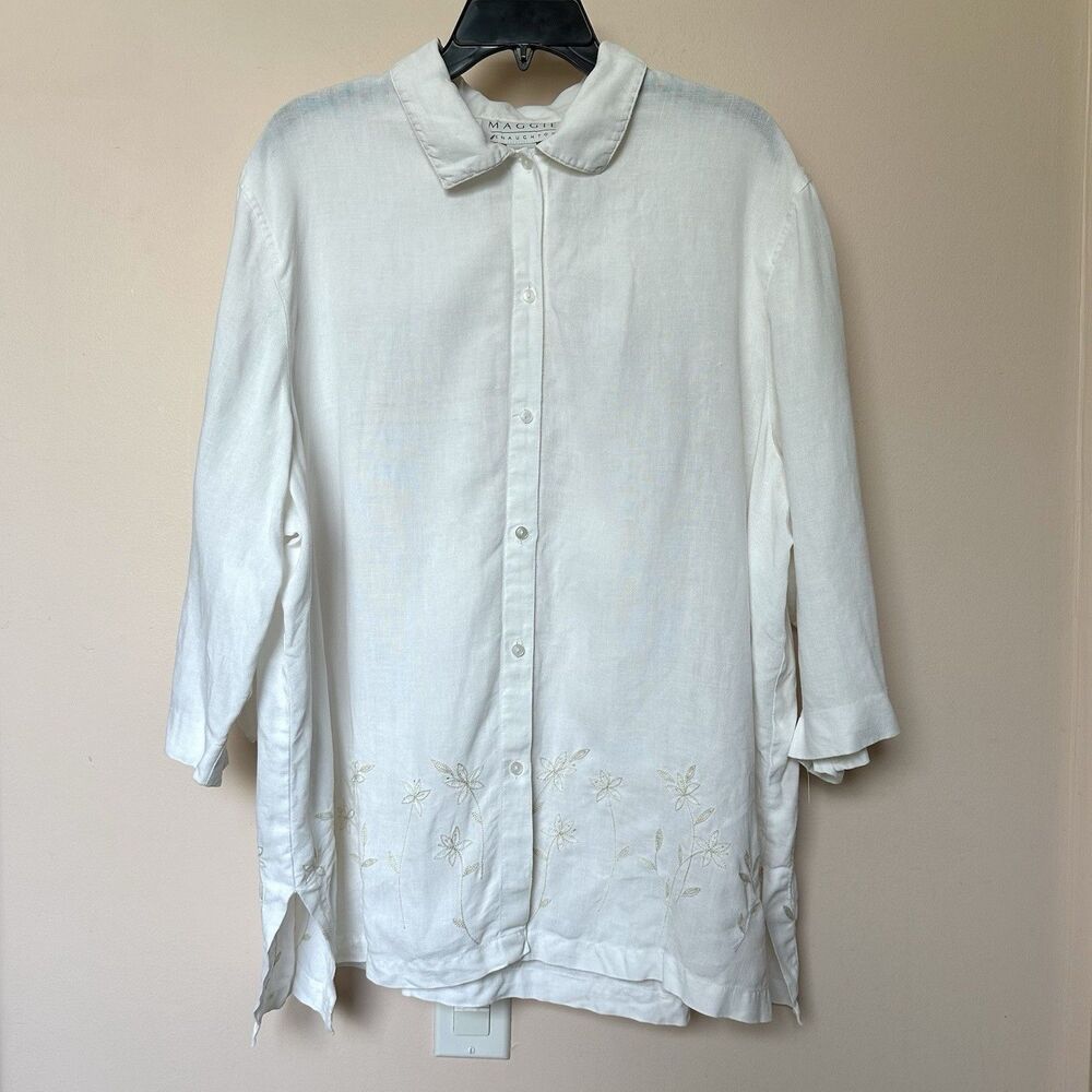 Linen Maggie McNaughton Top 2X Button Up 1/2 Sleeve White Embroidery Floral Boho